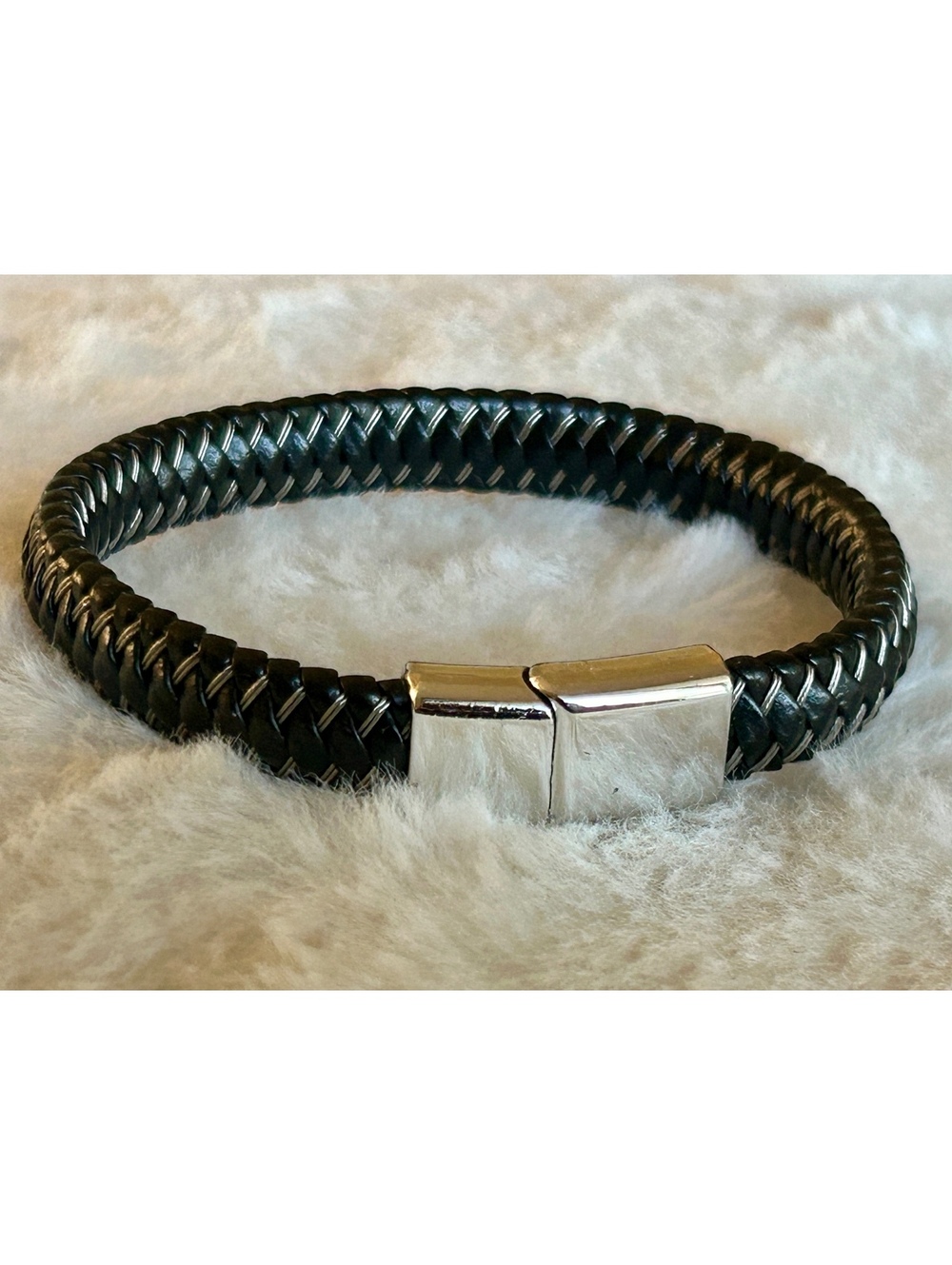 Black Braided Leather Bracelet with Silver Magnetic Clasp